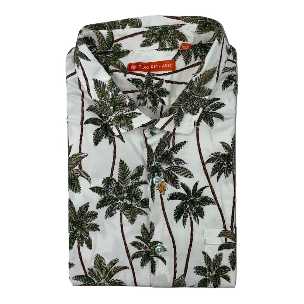Tori Richard White Green Coconut Palm Tree Mens S/S Button Front Size XL